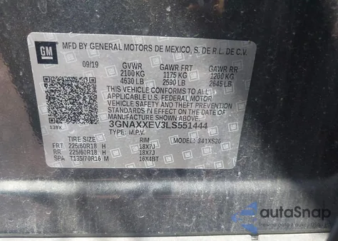 2020 Chevrolet Equinox Awd Premier 1.5L Turbo из США, поврежденный, VIN 3GNAXXEV3LS551444